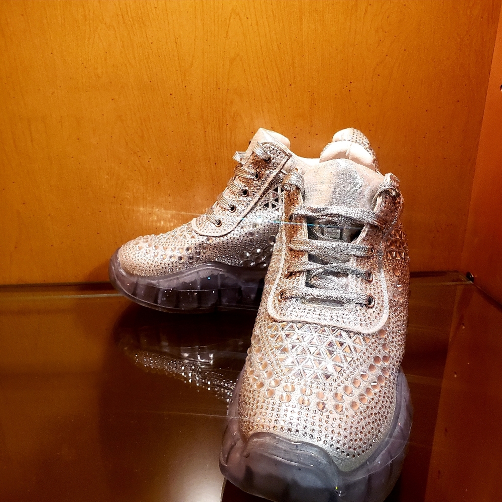 Anthony Wang Bannana- 01 Silver Rhinestone High Platform Wedge Lace Up Sneakers